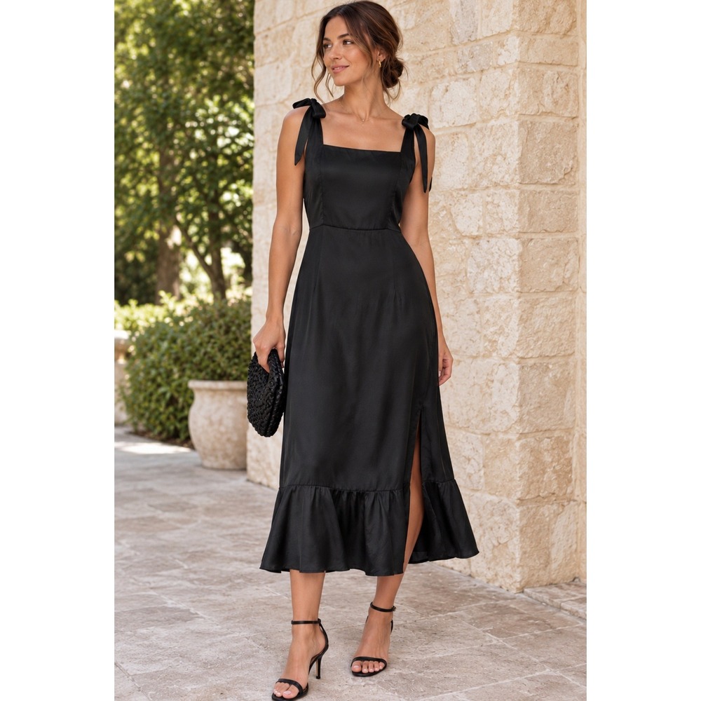 Quince Washable Silk Square Neck Midi Dress Black Bow Tie Ruffle 100% Silk L